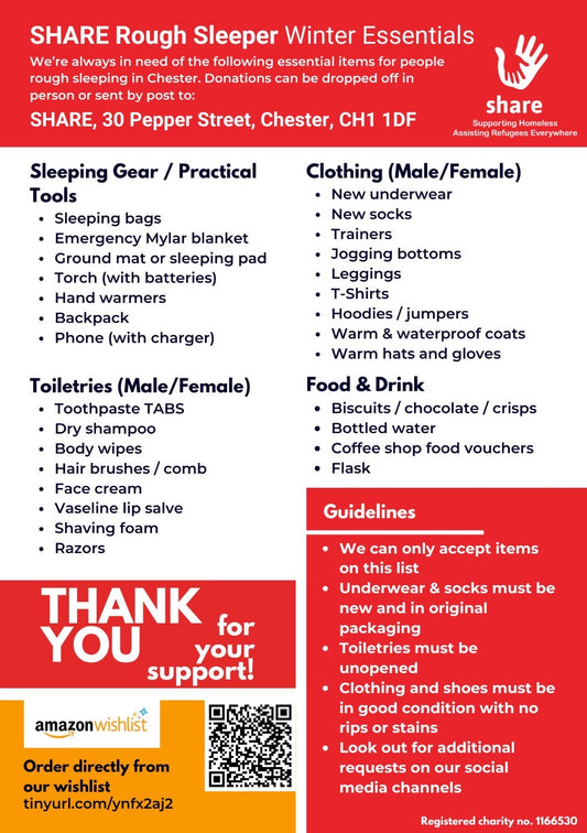 Essentials needed for Rough Sleepers this Winter